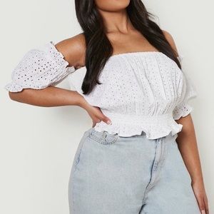 Broderie Shirred Waist Bardot Crop Top
